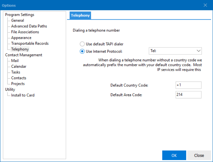 telephony settings panel