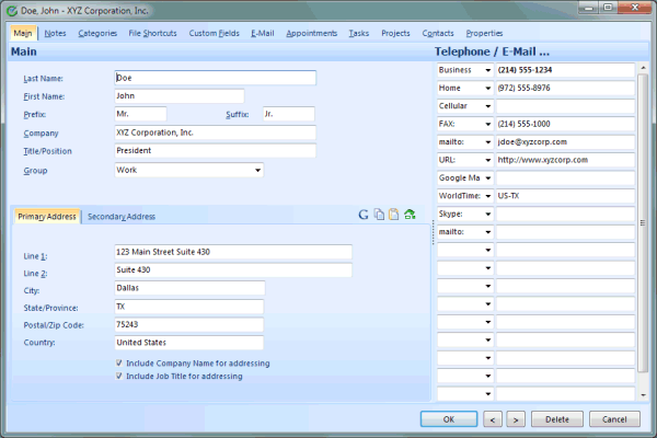 contact entry screen