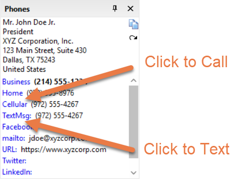 phone labels for Cellular or TextMsg are clickable