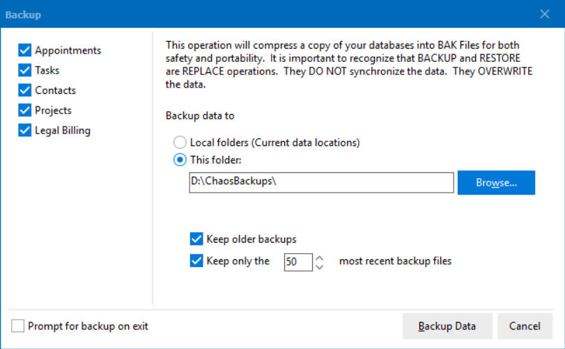 picture of backup screen with checkboxes on the left for the types of data to backup and a choice of locations to save the backup files this creates