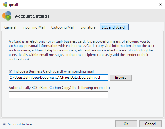 bcc and vcard screen shot