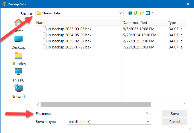 picture of Backup screen in Legal Billing with Save In at the top and a place for file name at the bottom
